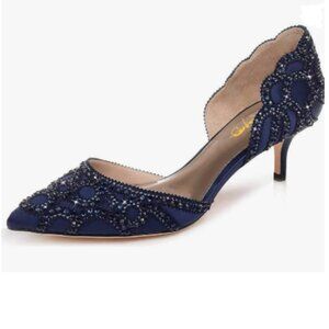 XYD Navy Pointed Toe D'Orsay Kitten Heel Rhinestone Stud Slip-On Pump Satin Shoe